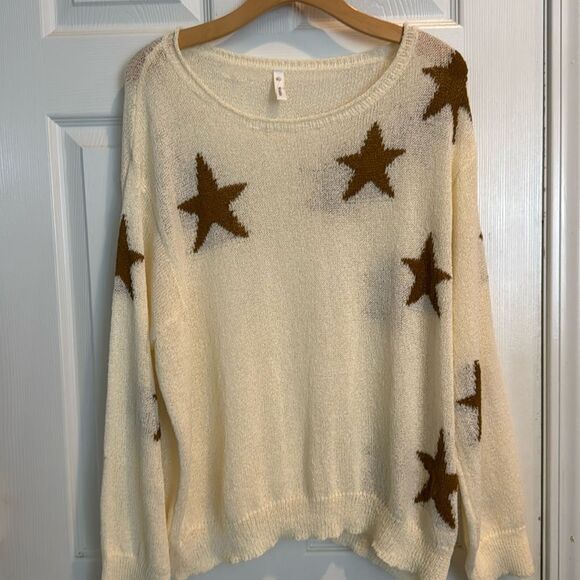 Wishlist Cream Sweater with Scattered Stars in Brown. Size M/L Adorable - Picture 1 of 5